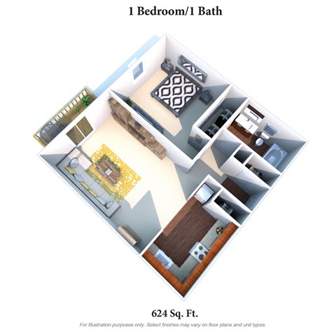 Floor plan for 1 bed, 1 bath, 624 sqft